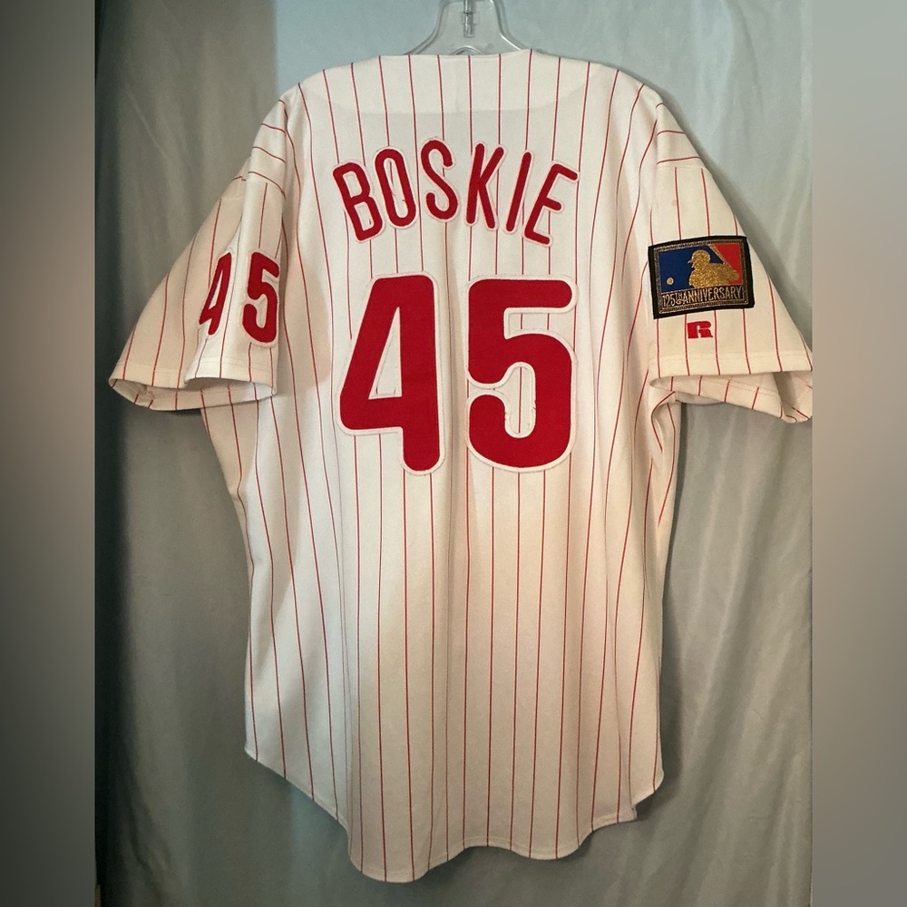 Vintage Phillies White Pinstripe Baseball Jersey with Red Script Boskie 45 - Picture 6 of 8